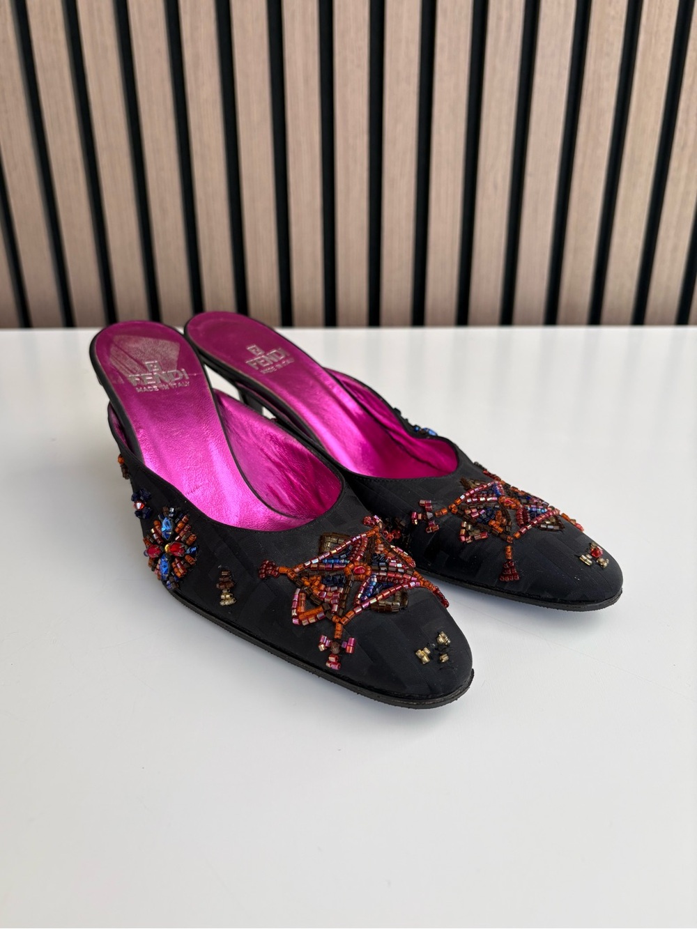 Auth VTG FENDI Beaded Silk Heels
